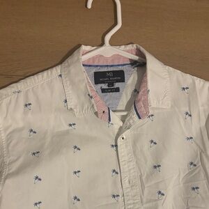 Michael Brandon White Shirt with Blue Palm Print